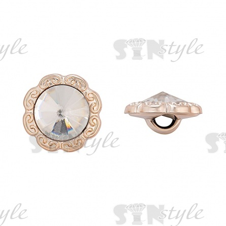 Пуговица пластиковая на ножке, круглая с ажурным бортиком, основа золотая, вставка в виде белой стразы, 28L фото 1