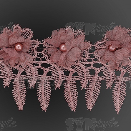 Кружево ажурное с отделкой, нежнейшее тонкое переплетение гирлянды с цветочными мотивами с бусиной в центре цветка, ширина 85 мм, намотка 10 ярдов, цвет старо-розовый  фото 2