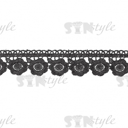 Кружево ажурное с цветочным орнаментом и фестонами по контуру, ширина 33 мм, цвет черный, намотка 15 ярдов фото 1