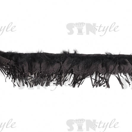 Кружево с отделкой, кружево с плотной бахромой и с элементами из меха по краю изделия по всей длине, ширина  90мм, намотка 5 ярдов, цвет черный фото 1