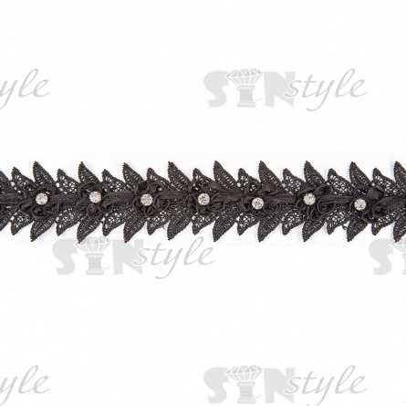 Кружево с отделкой,  россыпь цветочных бутонов со стразой в середине цветка и в обрамлении остроконечных листьев по всей длине изделия, ширина 45 мм, намотка 15 ярдов, цвет черный  фото 1