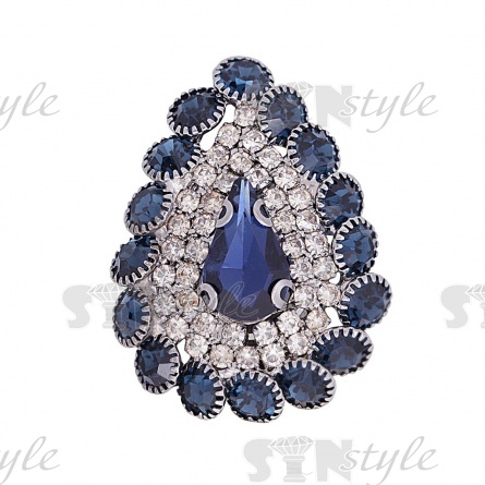 Пуговица металлическая на ножке, размер 25ммх32мм, цвет темный никель + белые и темно-синие стразы фото 1