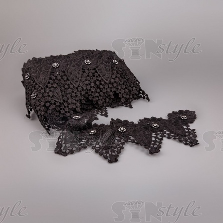 Кружево ажурное, декорированное стразами, ширина 125 мм, намотка 15 ярдов, цвет черный  фото 3