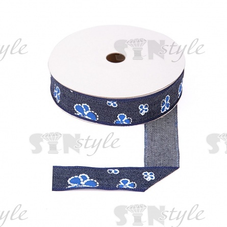 Джинсовая лента с цветочным принтом голубого цвета, ширина 25 мм, намотка 20 ярдов фото 1