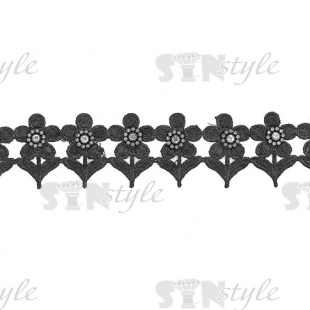 Кружево "Цветочное" из ромашек, декорированное стразами, ширина 60 мм, цвет черный, намотка 15 ярдов  фото 1
