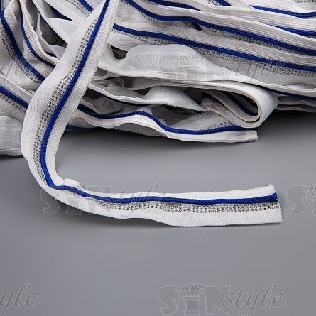 Декоративная тесьма отделочная лампасная со стразами, цвет белый+синий, ширина 30 мм, намотка 50 ярдов фото 2