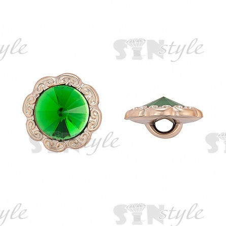 Пуговица пластиковая на ножке, круглая с ажурным бортиком, основа золотая, вставка в виде зеленой стразы, 28L фото 1