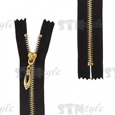 Молния металлическая, тип 5, неразъемная, длина 16 см, цвет 322 (черный), звенья золотистые, бегунок золотистый со стразами фото 1