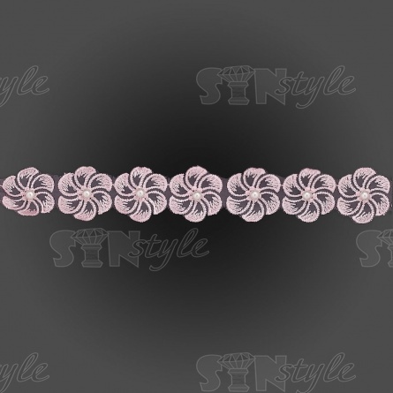 Кружево "Цветочки" на капроновой ленте, ширина 35 мм, цвет розовый+белые бусины, намотка 20 ярдов фото 2