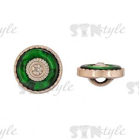 Пуговица пластиковая на ножке, круглая, цвет золотой+зеленый+белая страза, размер 28L фото 1