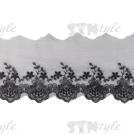 Нежное воздушное кружево на сетке с цветочными мотивами, цвет черный, ширина 130 мм, намотка 15 ярдов фото 1