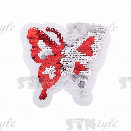 Аппликация на сетке из пайеток "Бабочка", размер 90 х 85 мм, цвет красный+серебряный, рулон 82 шт. фото 2