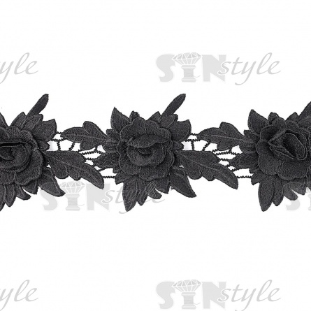 Кружево "Цветочное", красивая цветочная гирлянда из объемных цветов и резных листьев ширина 90 мм, цвет черный, намотка 15 ярдов фото 2