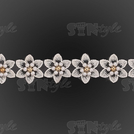 Кружево "Цветочки" украшено бусинами, на капроновой ленте, ширина 30 мм, цвет шампань, намотка 20 ярдов, #21 фото 3