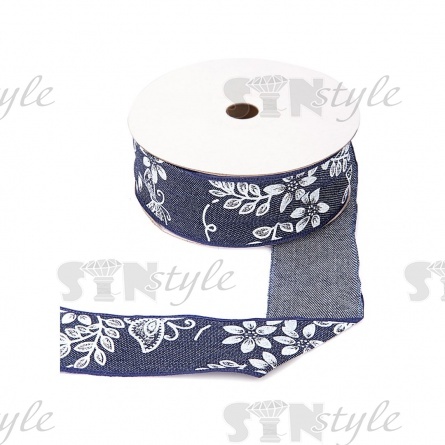 Джинсовая лента с цветочным принтом белого цвета, ширина 40 мм, намотка 20 ярдов фото 1