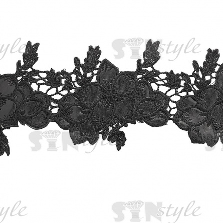 Кружево кожаное, изящная цветочная гирлянда, состоящая из объемных цветов в обрамлении тонких листочков, ширина 100 мм, намотка 10 ярдов, цвет черный фото 2