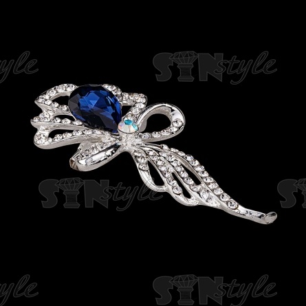 Брошь со стразами размер 30х60 мм, цвет никель+стразы белые+синие, застежка булавка фото 2