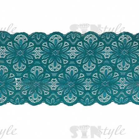 Кружево эластичное, ширина 180 мм, цвет бирюзовый, намотка 15 ярдов, материал лайкра фото 1