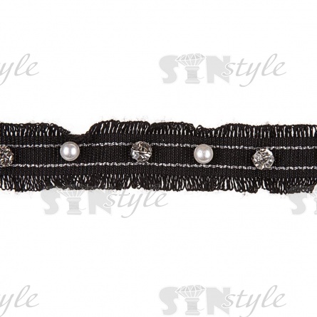 Тесьма отделочная с бахромой, декорирована серебряным люрексом и белыми бусинами и стразами, ширина 20 мм, намотка 15 ярдов, цвет черный  фото 1