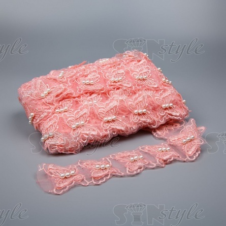 Кружево "Бабочки" на капроновой ленте, ширина 60 мм, цвет розовый, бусины белые, намотка 10 ярдов  фото 1