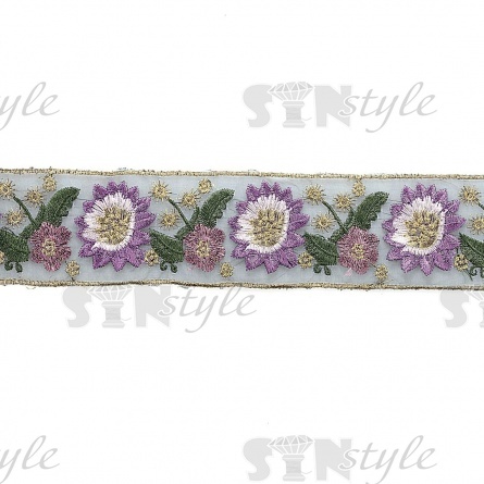 Кружево 3D на капроне, объемная нежная цветочная гирлянда, цвет фиолетовый, ширина 50 мм, намотка 10 ярдов фото 1