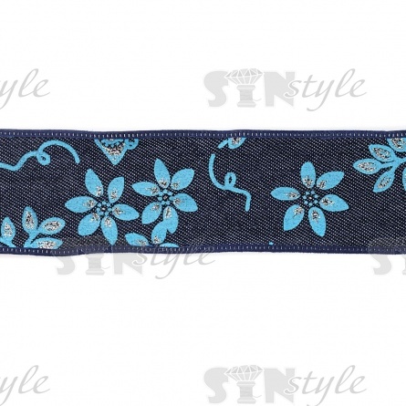 Джинсовая лента с цветочным принтом голубого цвета, ширина 40 мм, намотка 20 ярдов фото 3