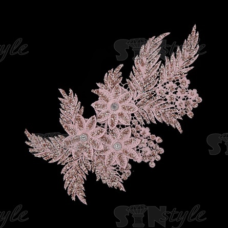Аппликация кружевная пришивная с глиттером и стразами, размер 160х300 мм, цвет грязно-розовый фото 1