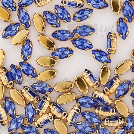 Стразы пришивные акриловые в цапах, форма лодочка, цвет золото+светло-синий, размер 5х10 мм, 200 шт/уп фото 3