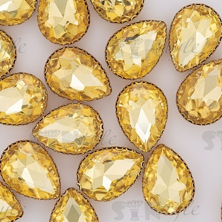 Стразы пришивные стеклянные в оправе, форма капля, цвет золото+шампань, размер 10х14 мм фото 4