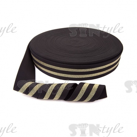 Резинка декоративная, ширина 40 мм, цвет черный+золотой, намотка 50 метров. фото 1