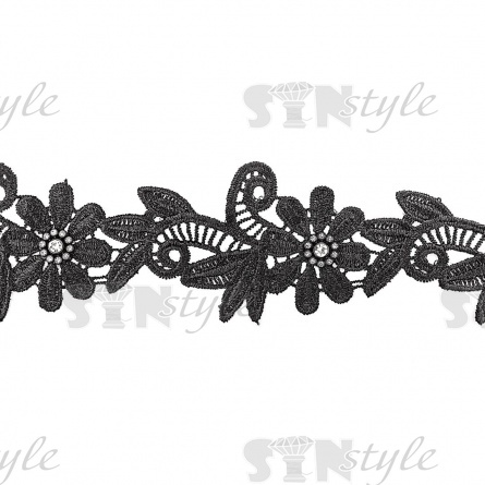Кружево "Цветочное", нежная цветочная гирлянда с резными стилизованными листьями, ширина 65 мм, цвет черный, намотка 15 ярдов фото 1