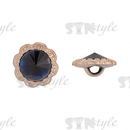 Пуговица пластиковая на ножке, круглая с ажурным бортиком, основа золотая, вставка в виде темно-синей стразы, 28L фото 1