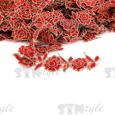 Нарядное кружево с объемными цветами, ширина 50 мм, цвет красный с золотым люрексом, намотка 15 ярдов фото 2