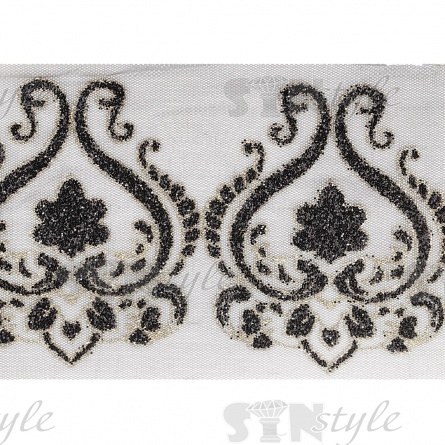 Кружево на сетке черного цвета с золотым и черным глиттером, ширина 170 мм, намотка 15 ярдов фото 1