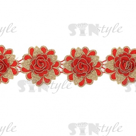 Нарядное кружево с объемными цветами, ширина на 80 мм, цвет красный с золотым люрексом, намотка 15 ярдов фото 1
