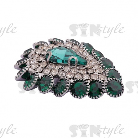 Пуговица металлическая на ножке, размер 25ммх32мм, цвет темный никель + белые и темно-зеленые стразы фото 2