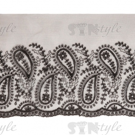 Кружево на сетке черного цвета с черной вышивкой, ширина 150 мм, намотка 15 ярдов фото 1