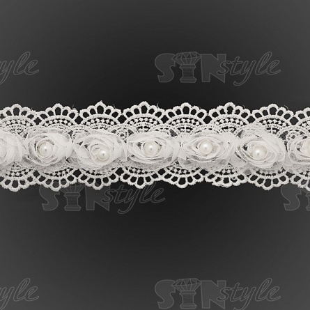 Кружево ажурное с отделкой из органзы и бусин, цвет белый, ширина 60 мм, намотка 10 ярдов фото 2