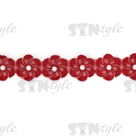 Кружево "Цветочки" на капроновой ленте, ширина 35 мм, цвет бордовый+белые бусины, намотка 20 ярдов фото 3