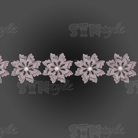 Кружево "Цветочки" украшено бусиной на, капроновой ленте, ширина 55 мм, цвет серый, намотка 20 ярдов фото 2