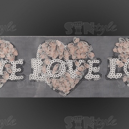 Аппликация на сетке из пайеток "Love", цвет персиковый, размер 100 х 80 мм, рулон 82 шт. фото 1