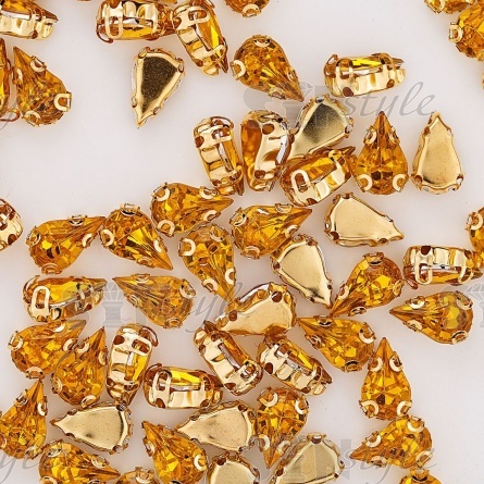Стразы пришивные акриловые в цапах, форма капля, цвет золото+желтый, размер 6х10мм, 200 шт/уп. фото 3