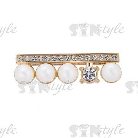 Брошь металлическая, крепление усики, цвет золотой + белая страза и бусины, размер 38х11 мм фото 1
