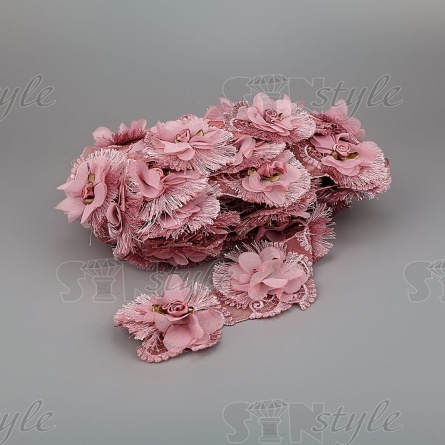 Кружево Цветочное, красивая цветочная гирлянда на капроновой основе с нежным розовым бутоном в центре цветка и с короткой бахромой по краю изделия, намотка 10 ярдов, размер 75 мм, цвет розовый фото 1