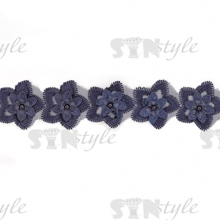 Кружево "Цветочки" украшено бусиной,  на капроновой ленте, ширина 55 мм, цвет темно-синий, намотка 20 ярдов фото 2