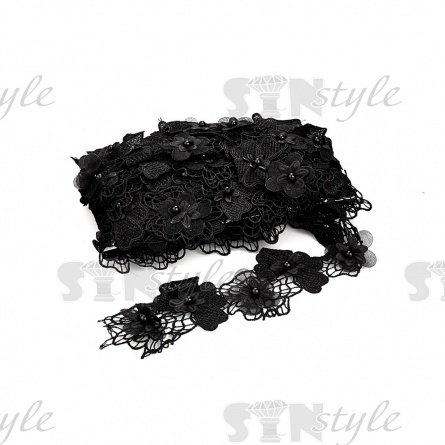 Кружево "Цветочное", нежная ассиметричная гирлянда из объемных цветов разных оттенков черного, ширина 80 мм, цвет черный, намотка 10 ярдов фото 3