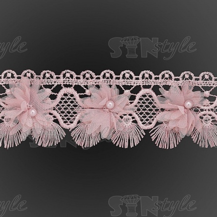 Кружево ажурное с цветочной отделкой и бусинами, ширина 60 мм, цвет грязно-розовый, намотка 10 ярдов  фото 2