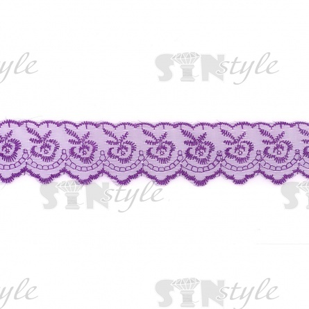 Кружево декоративное, нежная вышивка на тонкой капроновой основе, ширина 40 мм, цвет фиолетовый (29), намотка 10 ярдов  фото 2