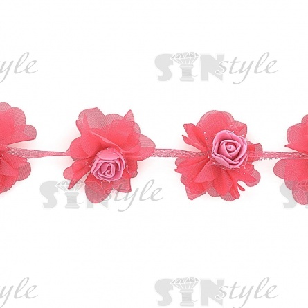 Кружево "Цветочки" на капроновой ленте, нежная цветочная гирлянда с объемными цветами, ширина 60 мм, цвет фуксия (34), намотка 10 ярдов фото 3