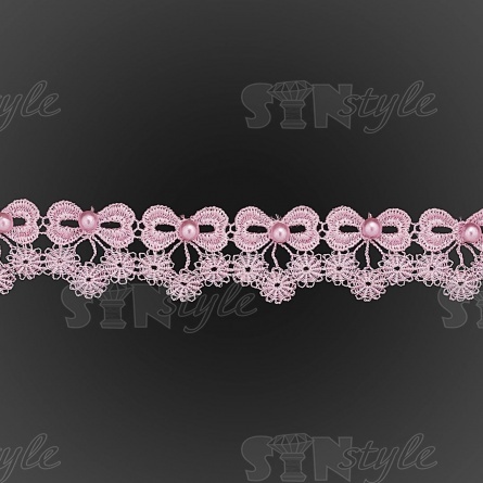 Кружево ажурное в виде бантиков с цветочками и бусинами, ширина 30 мм, намотка 15 ярдов, цвет розовый фото 2